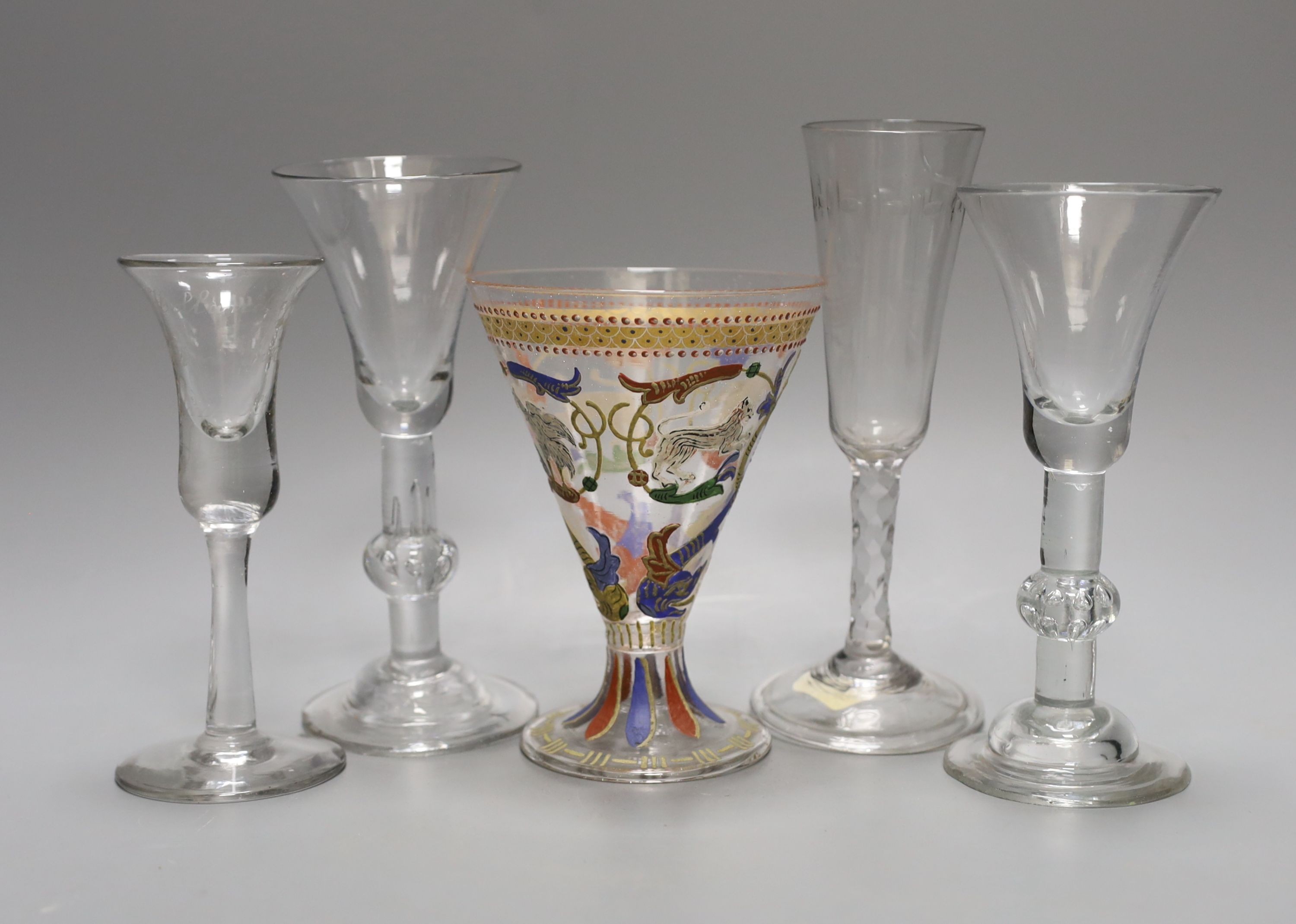 Four 18th century drinking glasses and a Bohemian Historismus enamelled wine glass (5) tallest 18cm